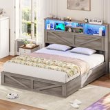 VIAGDO Farmhouse Bed Frame Queen Size with Bookcase Storage Headboard, Charging Station and LED Lights, Wooden Queen Bed Frame with 4 Drawers, Barn Door Design, No Box Spring Needed, No Noise, Grey VIAGDO