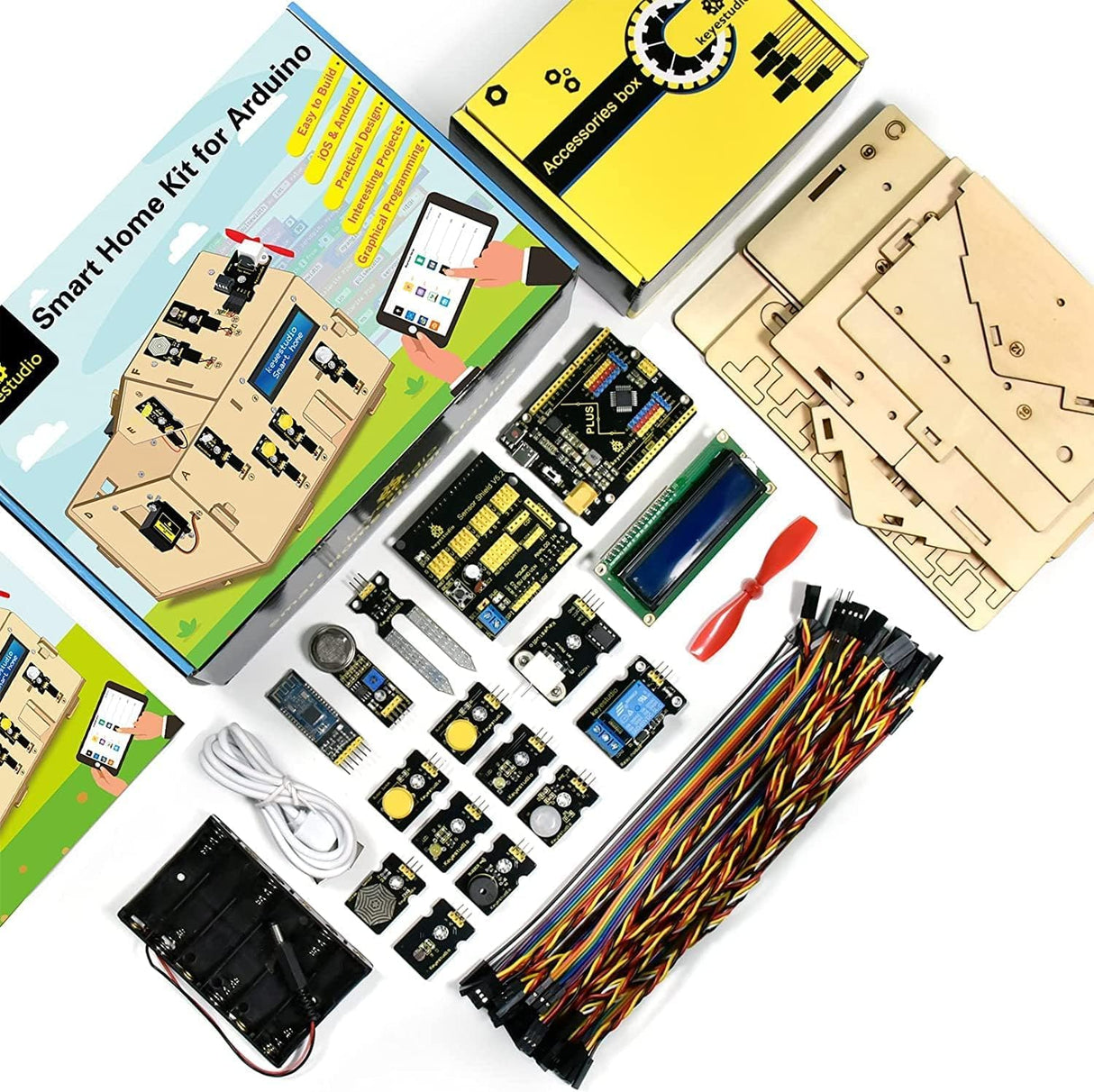 KEYESTUDIO Smart Home Starter Kit for Arduino for Uno R3, Electronics Home Automation Coding Kit, Wooden House DIY Sensor Kit STEM Set for Adults Teens 15+ KEYESTUDIO