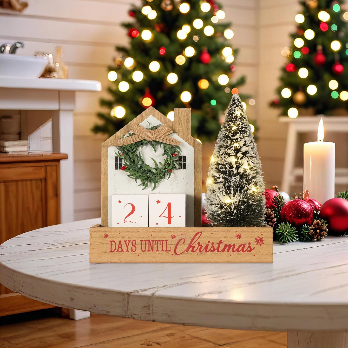 HOMirable Christmas Tree Countdown Block LED Lighted 99 Days Until Christmas Wreath Calendar Tabletop Number Date Rustic Wooden Home Decor Holiday Xmas Ornament Desk Decoration Gift