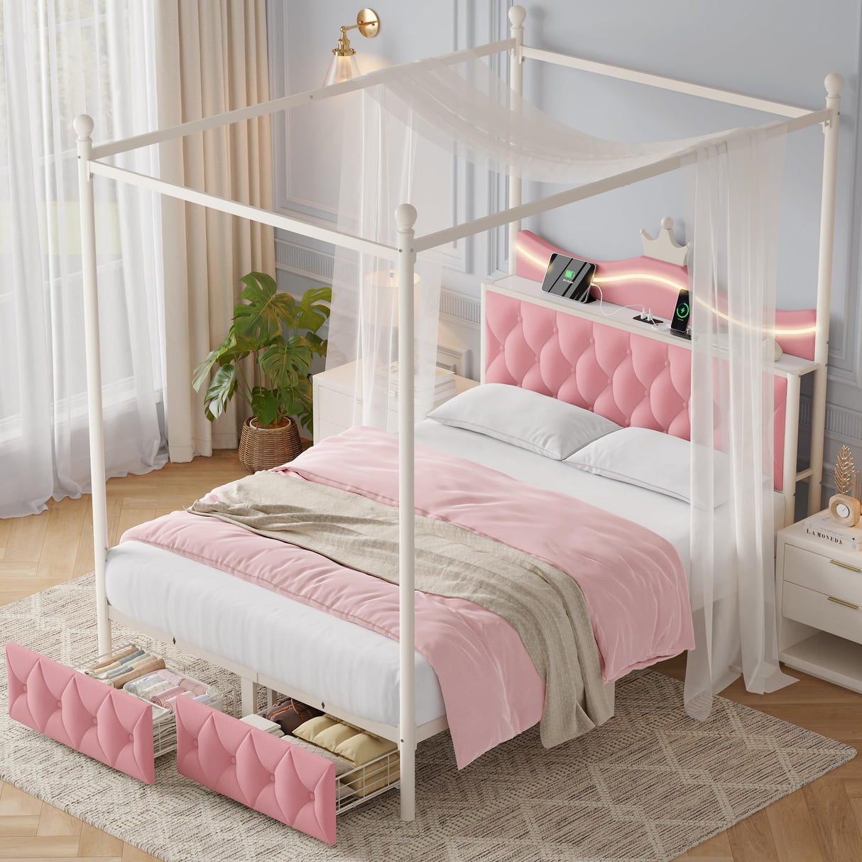 Keyluv Full LED Canopy Bed Frame with Storage Drawers and Charging Station, Four Poster Bed Frame with Upholstered Button Tufted Crown Headboard, 2 in 1 Royal Princess Pink Bed with Removable Posts Keyluv