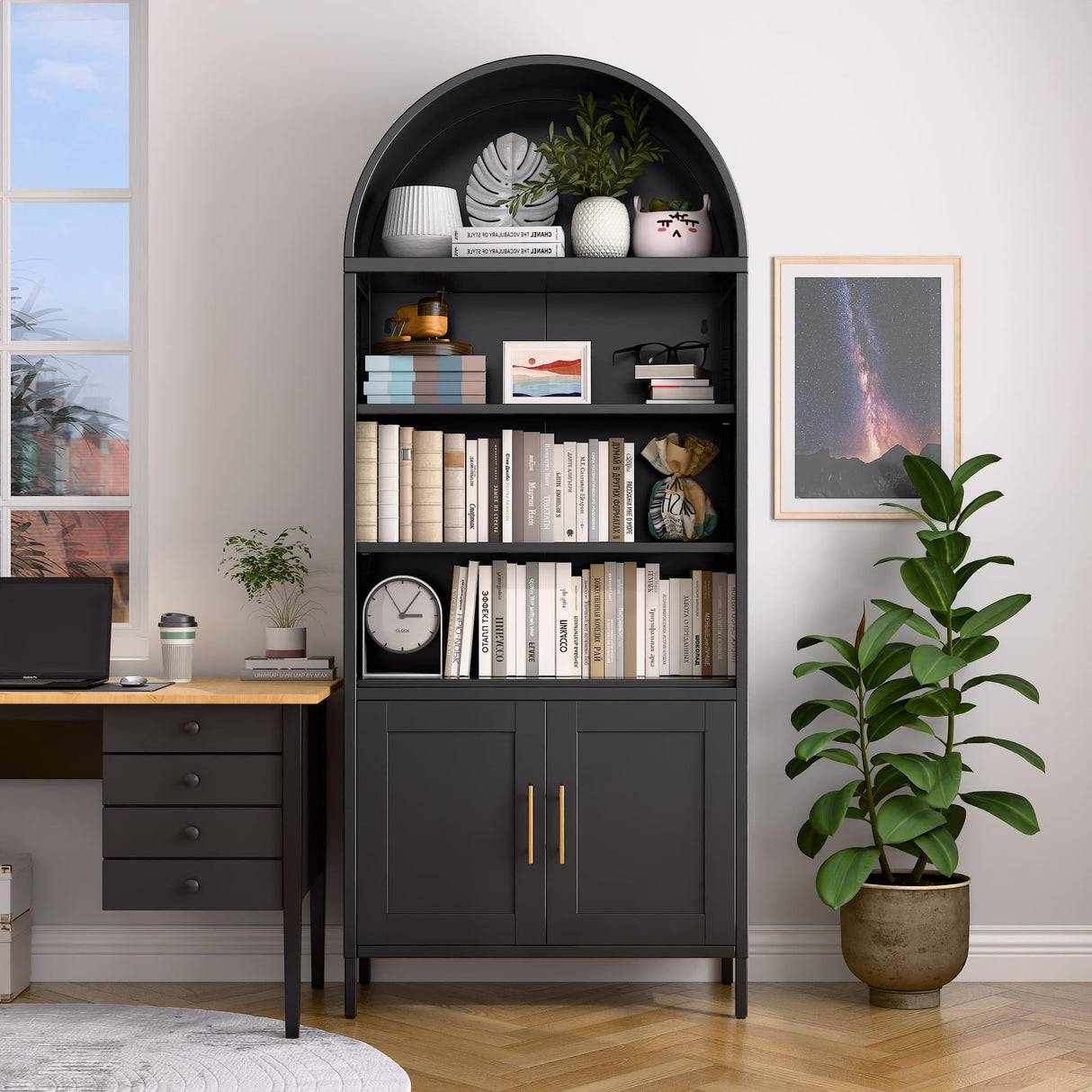 VEXPOR 73 in Tall Metal Arched Bookcase, 5-Tier Arched Bookcase with Doors, Modern Farmhouse Bookshelf with 2 Adjustable Shelves, Kitchen Pantry Cabinet for Living Room, Black, Assembly Required VEXPOR