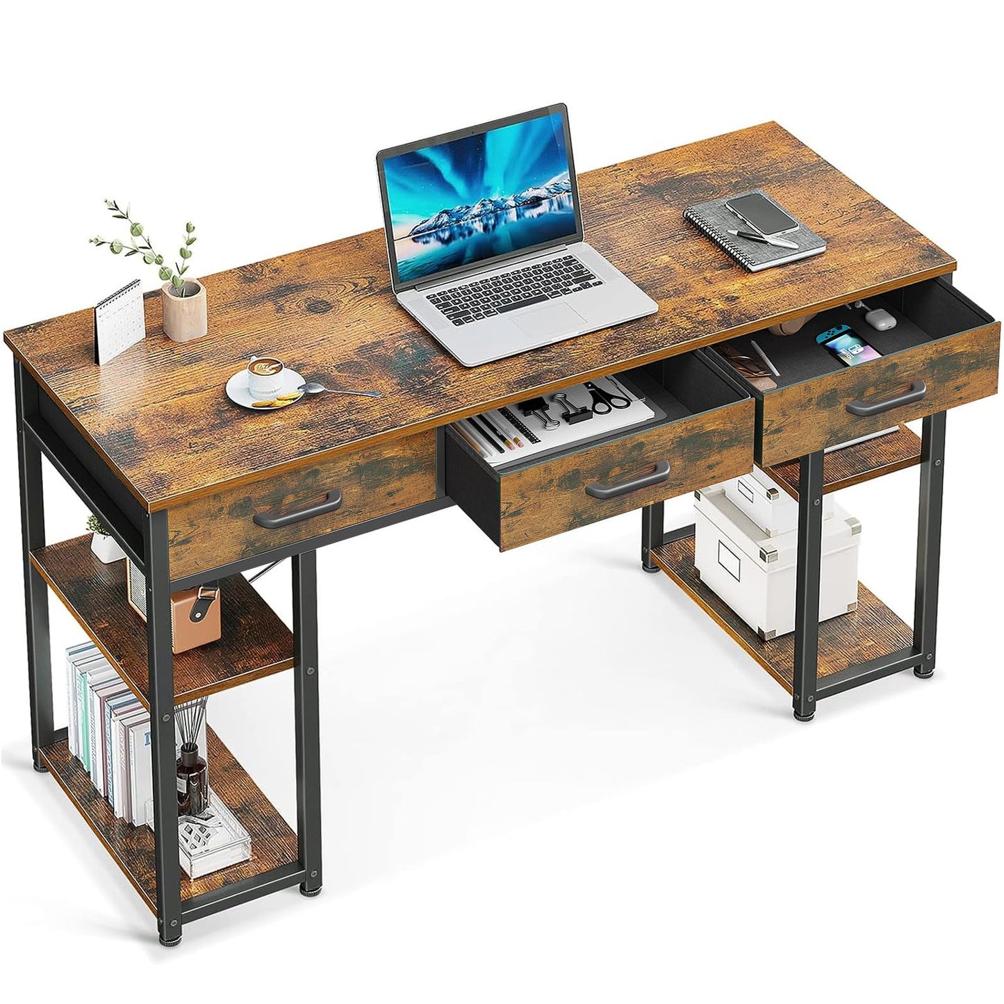 ODK Vintage Small Computer Desk with Fabric Drawers and Storage Shelves - Modern Writing Table, 48"x16" - WoodArtSupply