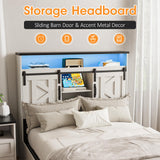 Fameill Farmhouse Twin Size Bed Frame with 4 Drawers and Bookcase Headboard, Sliding Barn Door Storage Shelves, LED Lights and Charging Station, No Box Spring Needed, Antique White Fameill