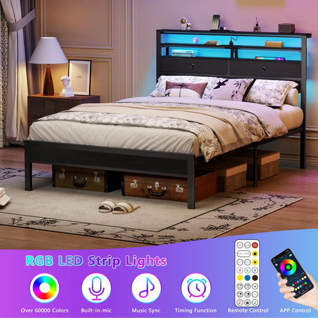 Furnulem Full Size Bed Frame with Headboard & 2 Fabric Drawers, Full Platform Bed Featuring LED Lights, Built-in Charging Station & Storage Shelves, Metal Slats, No Box Spring Needed – Black Oak Furnulem