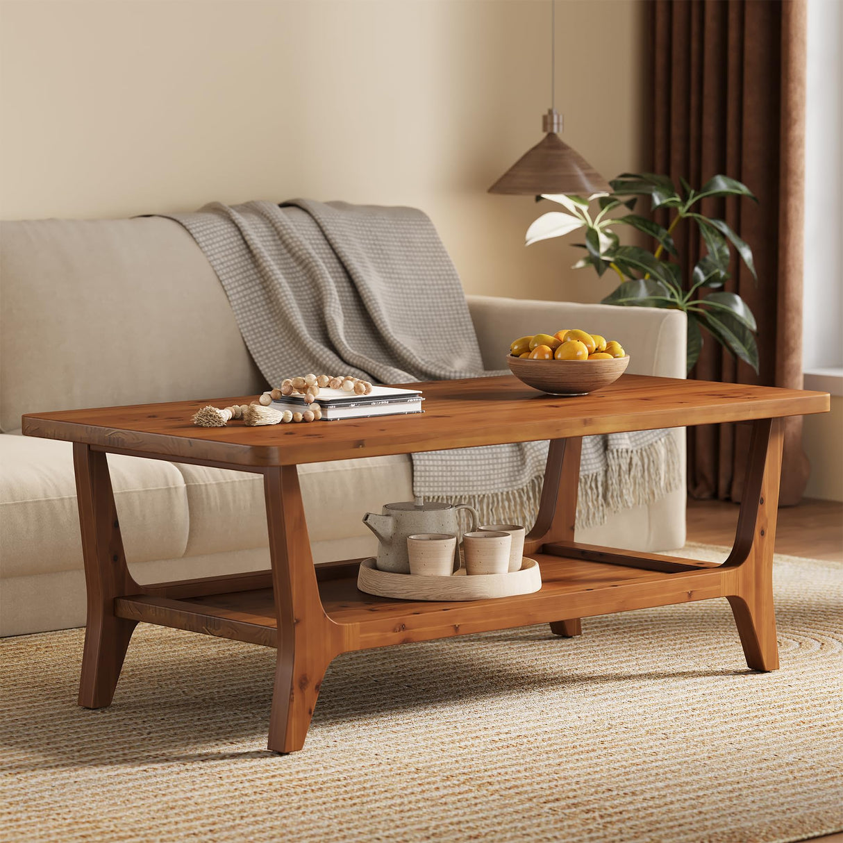 LITTLE TREE Solid Wood Coffee Table, 47-Inch Living Room Center Table with Shelf, 2-Tier, Smooth Corners, Child-Friendly, Easy Assembly, Brown LITTLE TREE