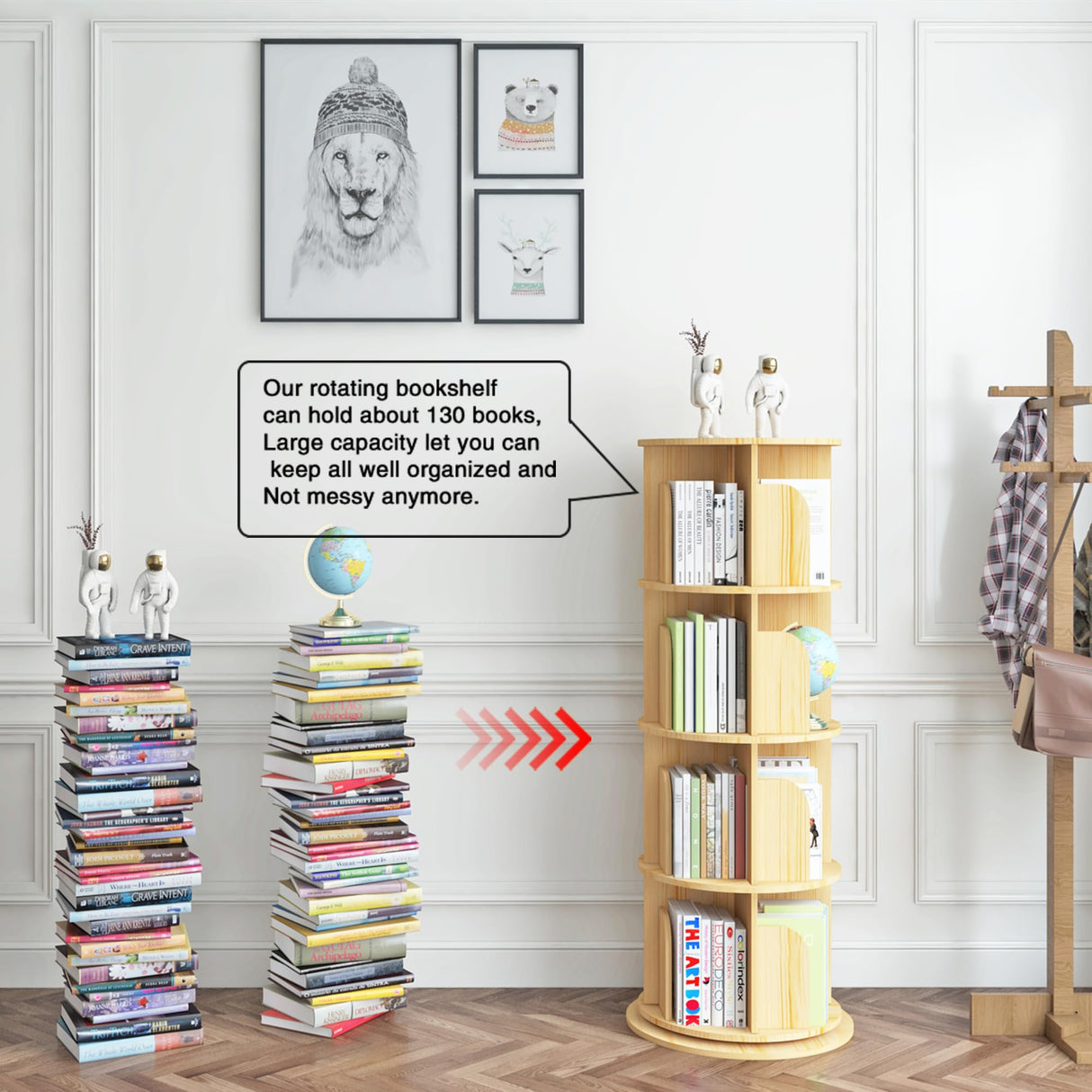 Rotating 360° Bookshelf – 4-Tier Solid Wood Corner Storage Rack for Small Spaces hhgrapehh