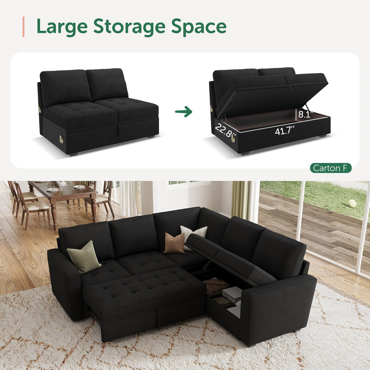 HONBAY Modular Sectional Sleeper Sofa with Pull Out Bed, Velvet Convertible L Shaped Couch with Storage Seat, Sectional Couches for Living Room, Black HONBAY