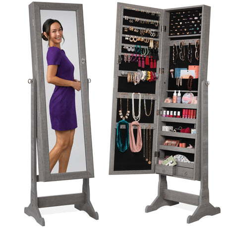 Best Choice Products Freestanding Jewelry Armoire Cabinet, Full Length Standing Mirror, Lockable Makeup Storage Organizer, w/Velvet Lining, 3 Angles, Lock, Accessory Pouch, 5 Shelves - Gray Oak Best Choice Products