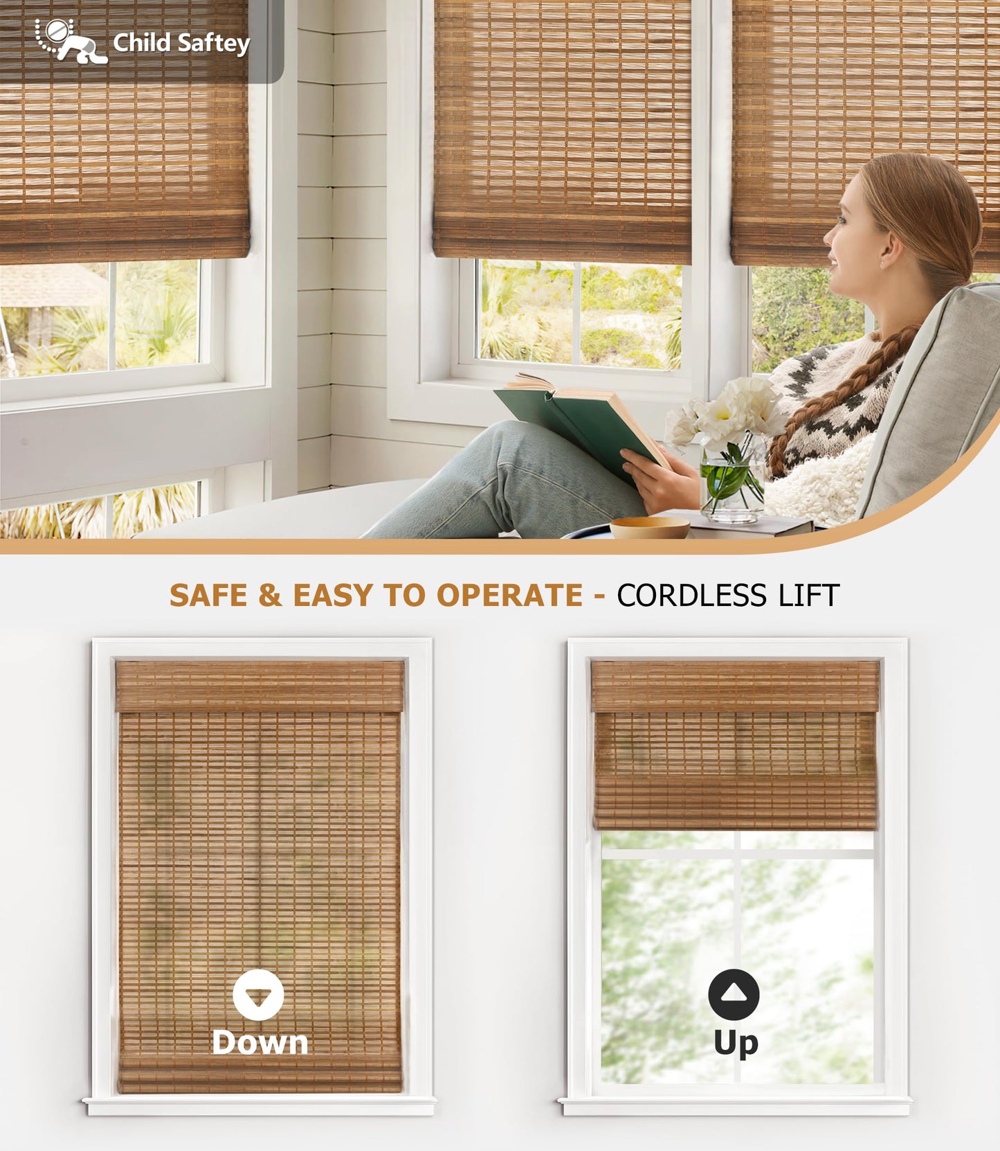 LazBlinds Cordless Bamboo Roman Shades - Light Filtering Roller Blinds for Windows 45'' W x 60'' H