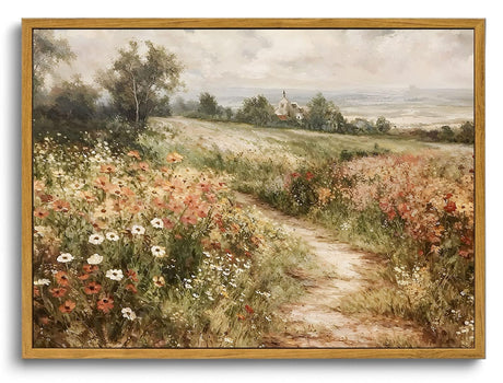 OIQArtOIQ Vintage Wildflowers Landscape Wall Art Framed Floral Natural Scenery Oil Painting Canvas Prints Country Farmhouse Rustic Fall Decor Pictures Kitchen Bedroom Living Room Bathroom OIQArtOIQ