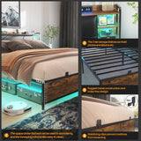 Unikito Full Size Bed Frame with Charging Station and RGB LED Light, Sturdy Platform Bed with Upholstered Headboard, Strong Metal Slats, Noise Free, No Box Spring Needed, Easy Assembly, Rustic Brown Unikito