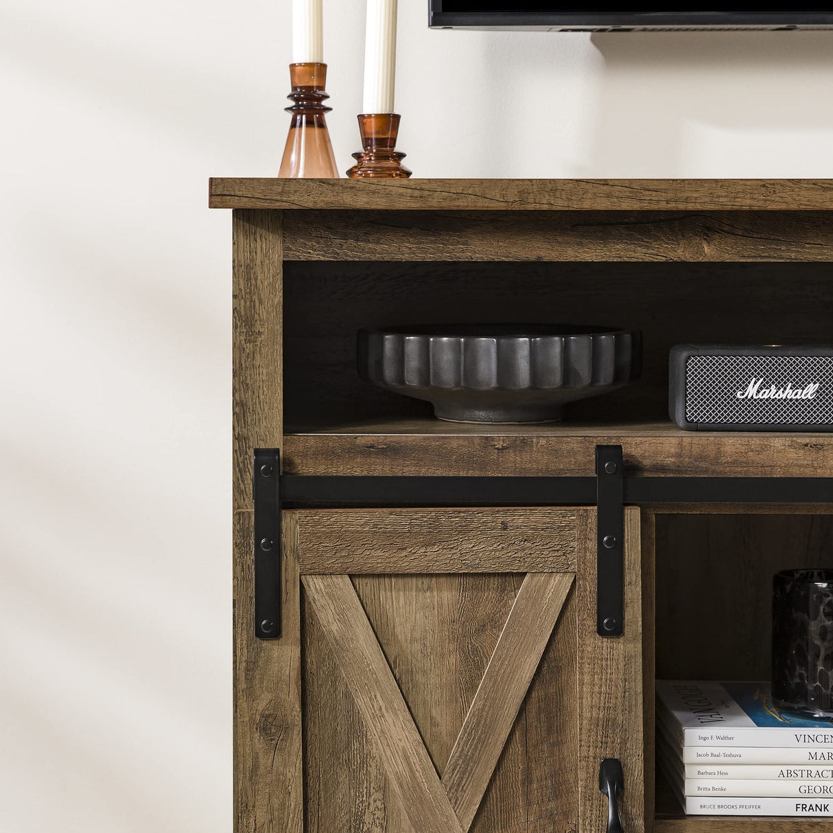 Walker Edison Clayton Farmhouse Sliding Double Barn Door TV Stand for TVs up to 58 Inches, 52 Inch, Rustic Oak Walker Edison