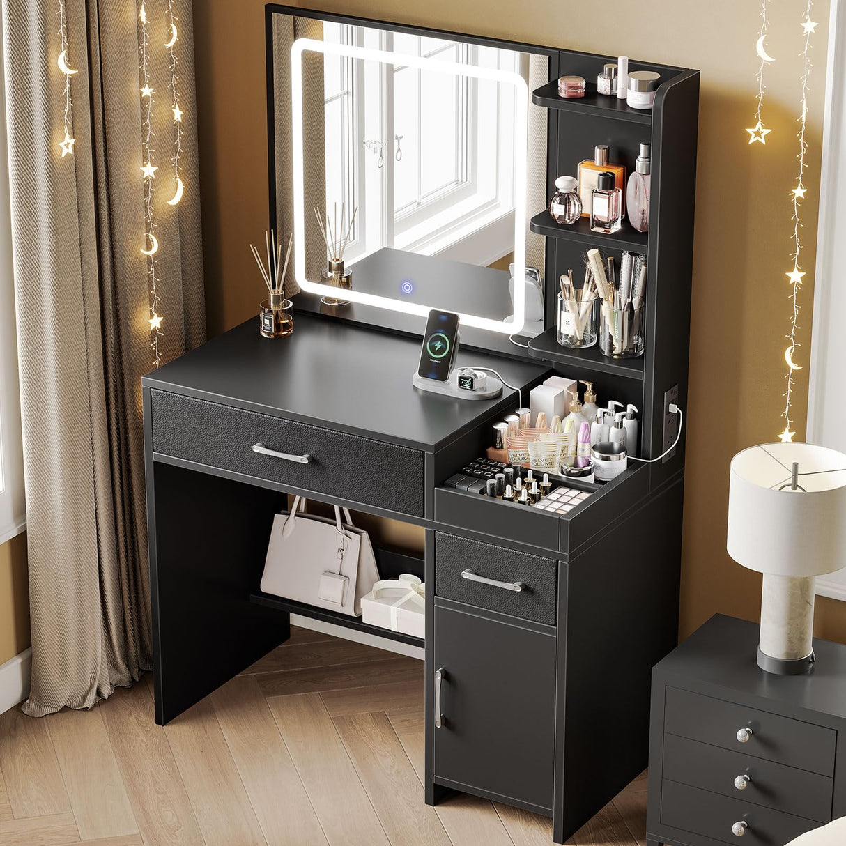 GREENSTELL Vanity Makeup Desk with Mirror and Lights, Makeup Table with Power Strip, 11 Storage Area, 3 Color Mode with Adjustable Brightness, 3 Desktop Compartments, Dressing Table, 32.6",Black GREENSTELL