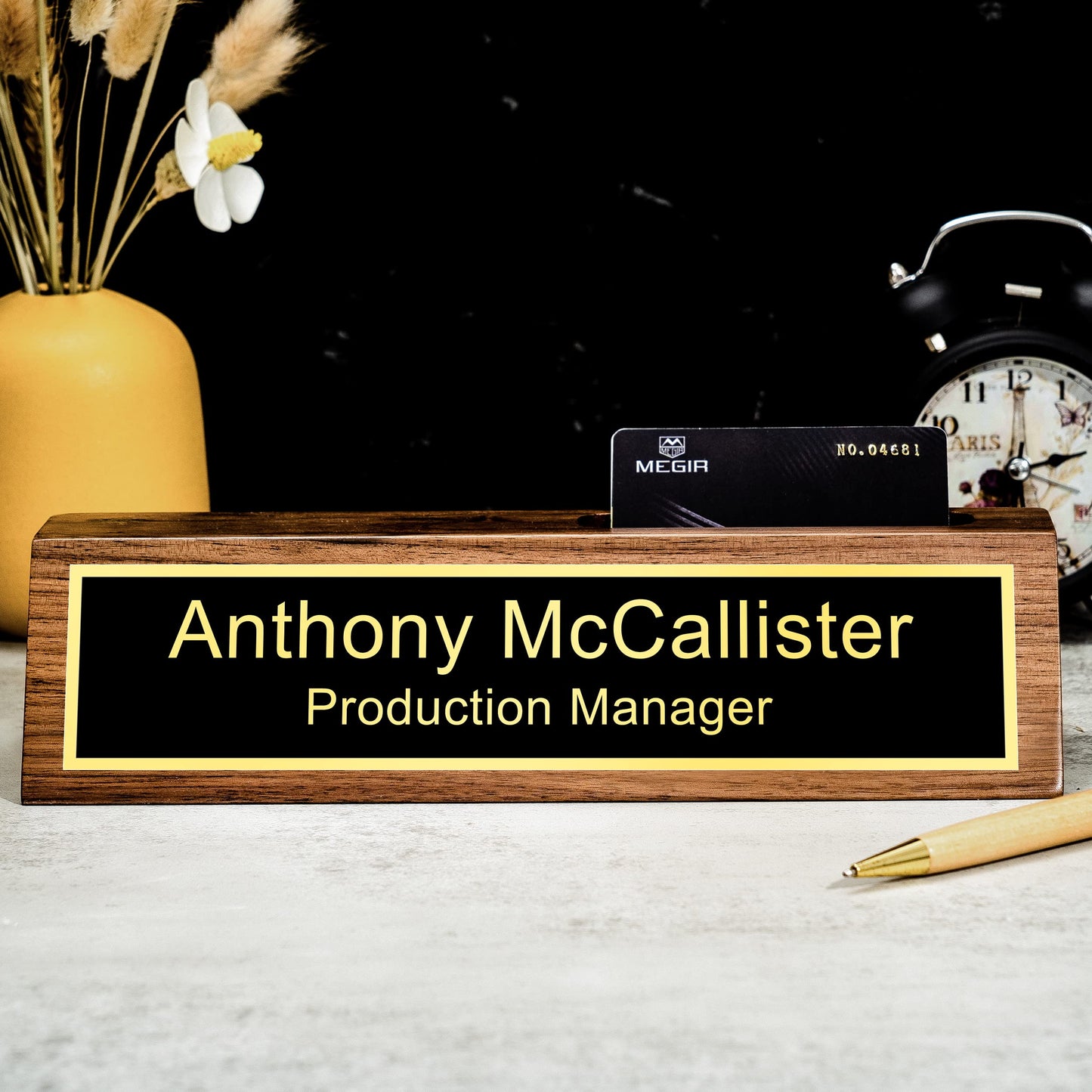 Custom Name Plate for Desk with Card Holder, Business Wood Desktop Name Holder Personalized, Office Desk Gold Decor Accessories, Gifts for Colleague - WoodArtSupply