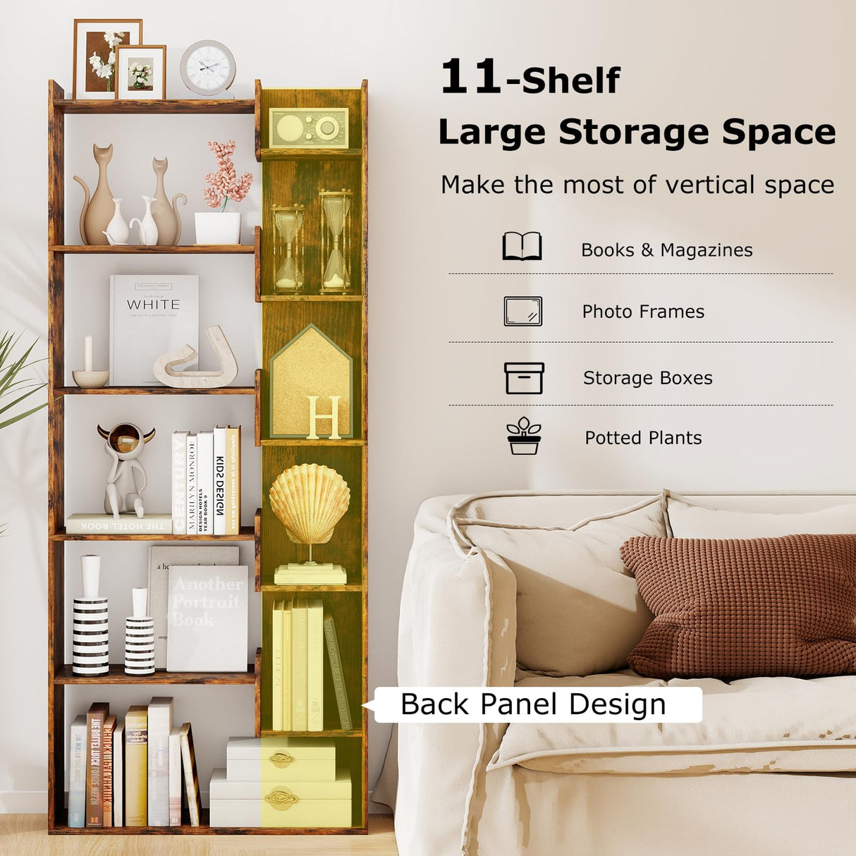 Tangkula 6-Tier Bookshelf, 64”H Tall Open Bookcase with Anti-Tip Kits, Home Office Free-Standing Wood Room Divider Display Shelf, Modern 11-Shelf Storage Rack for Study, Living Room (1, Rustic Brown) Tangkula