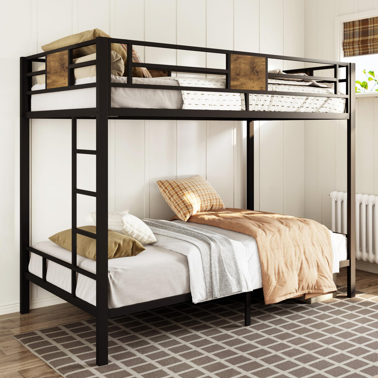 Allewie Black Twin Over Twin Bunk Bed with Rustic Wood Accents and Sturdy Metal Frame Allewie