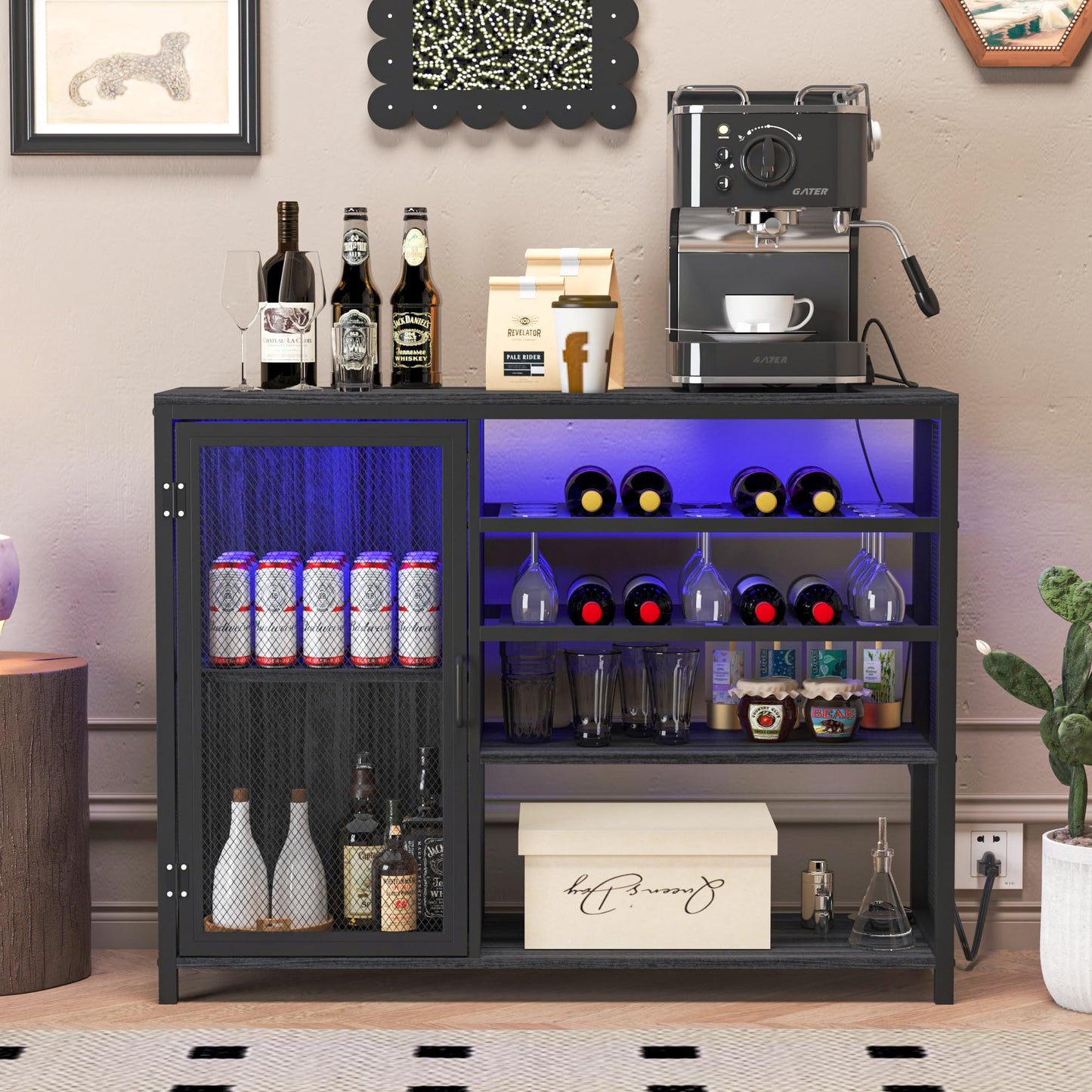 TopCity LED Industrial Wine Bar Cabinet Coffee Buffet Sideboard with Storage for Liquor and Glasses Wood Metal Sideboard with Wine Racks for Home Kitchen Dining (Gray, 43.31"*13.78"*32.87") - WoodArtSupply