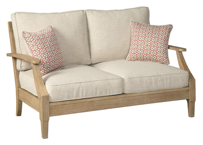 Signature Design by Ashley Clare View Coastal Outdoor Patio Eucalyptus Loveseat with Cushions, Beige - WoodArtSupply