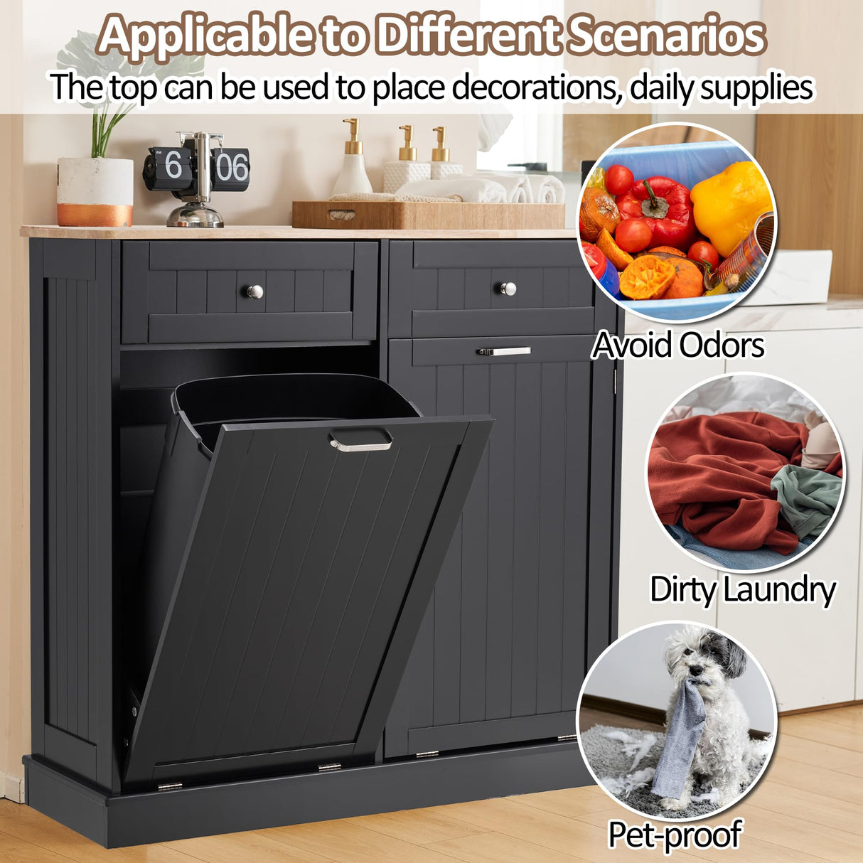 AHB Double Tilt Out Trash Cabinet Kitchen Trash Bin Cabinet 2x13 Gallons Free Standing Recycling Trash Can Cabinet with Hideaway Drawers Pet Proof Trash Can Holder for Kitchen Living Room, Black AHB