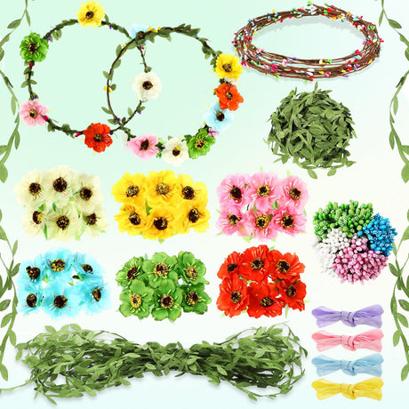 Zeyune 20 Sets Flower Crowns Making Kit, Make Your Own Flower Crown Wreath Garland Headbands Craft Kit Handmade DIY Fairy Floral Hair Accessories Gift for Girls/Teens/Women(Poppy) Zeyune