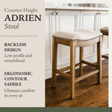 Maven Lane Adrien 26" Wood Counter Height Stool - Handcrafted Natural Wood Finish with Wheat Fabric Upholstered Saddle Seat for Comfort - Durable Barstool for Kitchen Islands, Dining Rooms Maven Lane