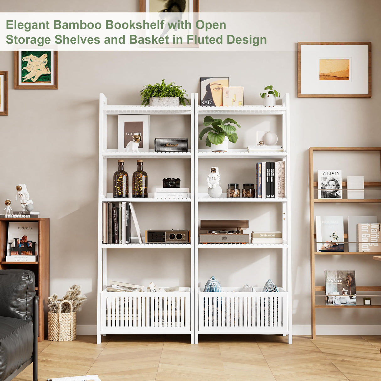 Bamjoy White Bamboo Shelf, Ladder Bookshelf with Storage, Display Shelf Tall Bookshelf Bookcase with Basket for Home Office, 66" H Bamjoy