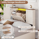 VIAGDO Farmhouse Twin Bed Frames with Headboard and Double Barn Door Storage Cabinets, Rustic Wooden Bed Frame Twin Size with Charging Station, 4 Drawers and LED Lights, No Box Spring Needed, White VIAGDO