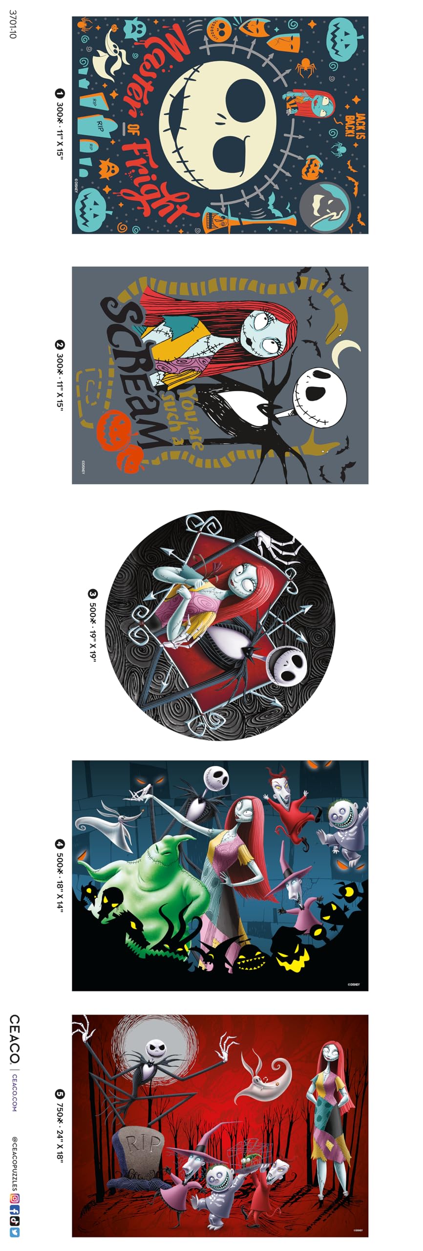 Ceaco - 5 in 1 Multipack - Disney - Tim Burton's The Nightmare Before Christmas - (2) 300 Piece, (2) 500 Piece, (1) 750 Piece Jigsaw Puzzles Ceaco