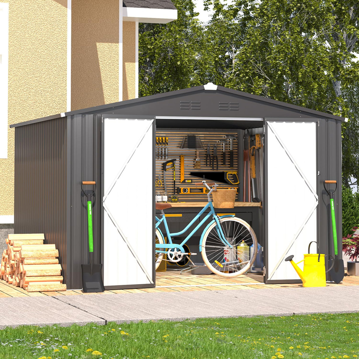 AECOJOY Shed 8' x 10' Outdoor Storage Metal Shed, Dark Grey Steel Yard Shed with Design of Lockable Doors, Utility and Tool Storage for Garden, Backyard, Patio, Outside use AECOJOY