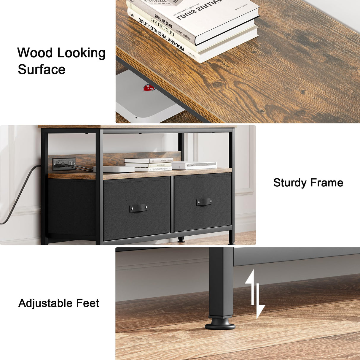 J-yaamiZz 39" TV Stand for TVs up to 50", Media Console with Charging Station & LED Lights, 2 Drawer Storage Chest, Gaming Entertainment Center with Storage for Living Room, Brown, Medium J-yaamiZz