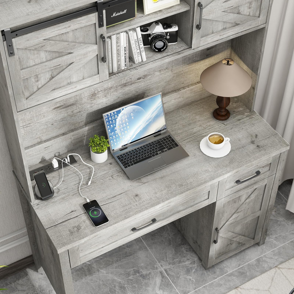 Farmhouse 47" Executive Desk, Computer Desk with Drawers and Storage Cabinet, Workstation Computer Desk with Hutch for Home Office Vabches