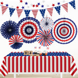 HOOSUN Patriotic 4th of July Decorations Set, 9 Pcs Red White and Blue Paper Fans, USA Pennant Bunting, Star Streamers, Patriotic Tablecloth for Fourth of July Party Supplies, Memorial Day Decor HOOSUN