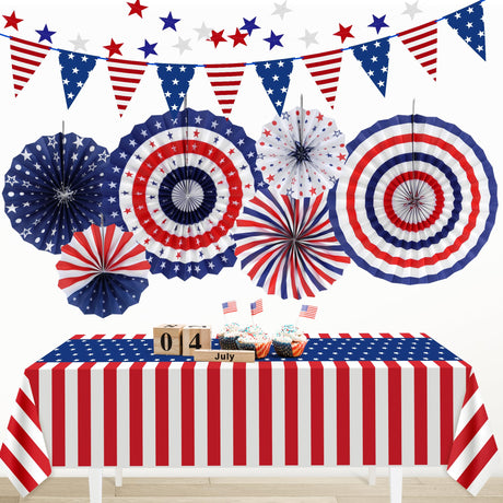 HOOSUN Patriotic 4th of July Decorations Set, 9 Pcs Red White and Blue Paper Fans, USA Pennant Bunting, Star Streamers, Patriotic Tablecloth for Fourth of July Party Supplies, Memorial Day Decor HOOSUN