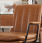 Zouron Swivel Mid Century Modern Office Chair, Ergonomic Desk Chair for Living Room, Computer Chair PU Leather Home Office Chair with Oak Wood Legs, Yellow Brown, No Wheel Zouron