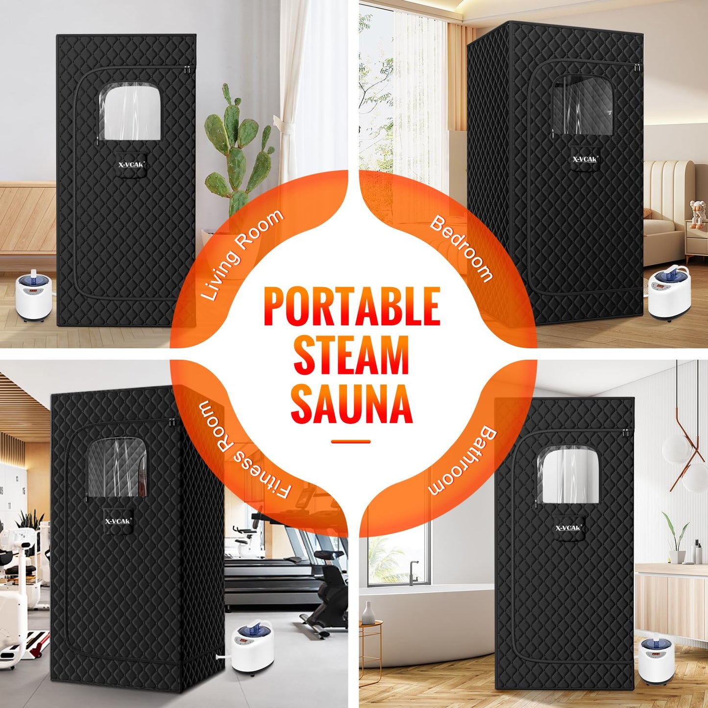 X-Vcak Portable Steam Sauna, Portable Sauna for Home, Sauna Tent Sauna Box with 2.6L Steamer, Remote Control, Folding Chair, 9 Levels, Black, 2.6’ x 2.6’ x 5.9’