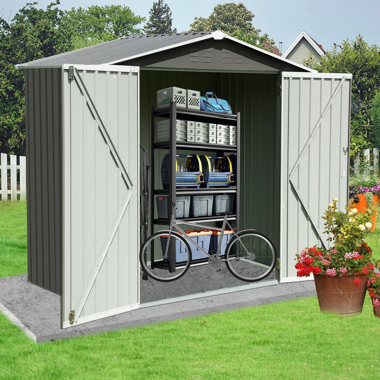 Large 7×4.2 FT Outdoor Resin Storage Sheds, Metal Tool Sheds with Lockable Doors, Heavy Duty Garden Shed for Bike with Vents, Tool Sheds & Outdoor Storage Clearance for Backyard Patio Lawn Ou - WoodArtSupply