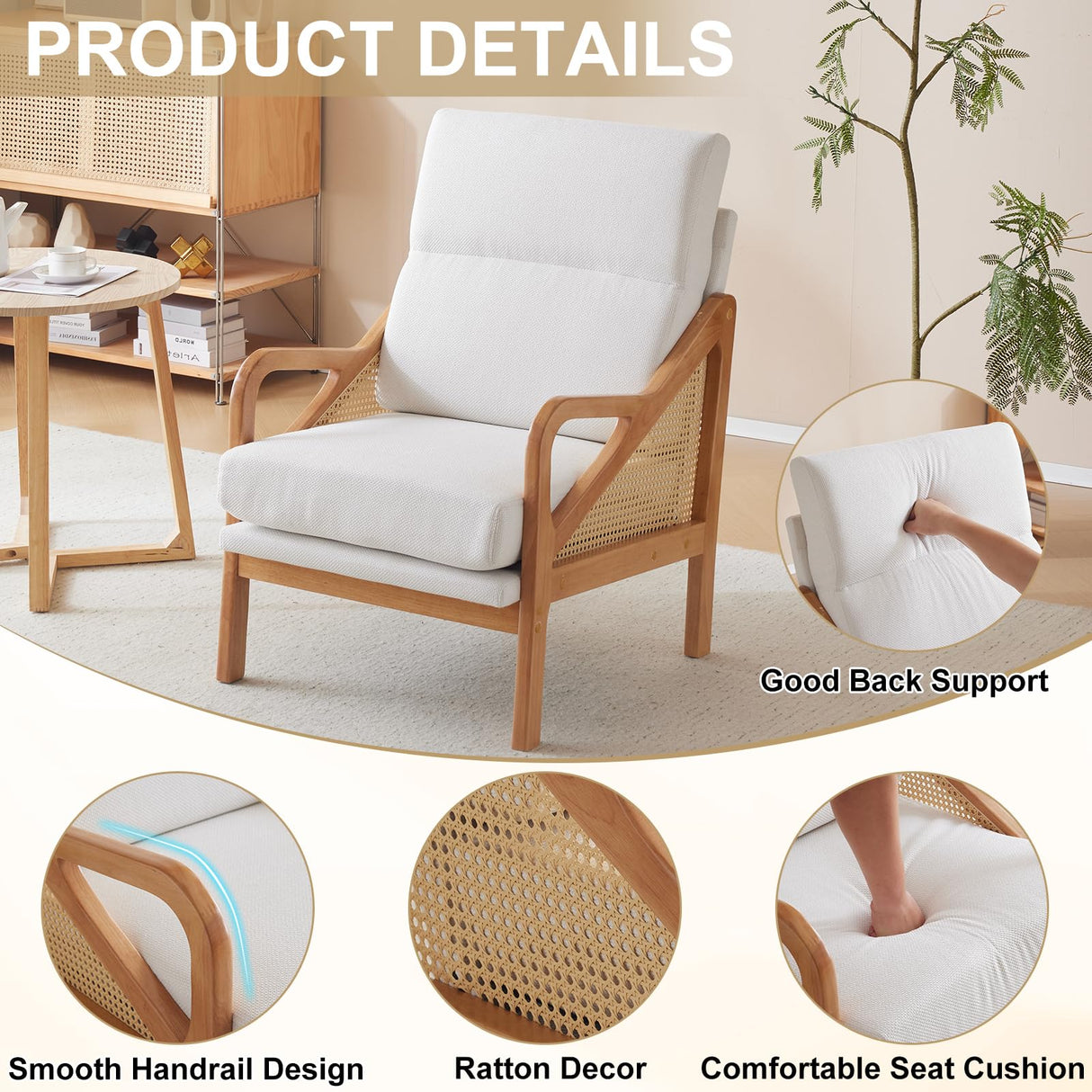 Karl home Modern Accent Chair, Mid-Century Woven Rattan Chairs with Upholstered Lounge Armchair with Oak Wood Frame & Soft Cushion for Living Room, Bedroom, Reading Room (White) Karl home