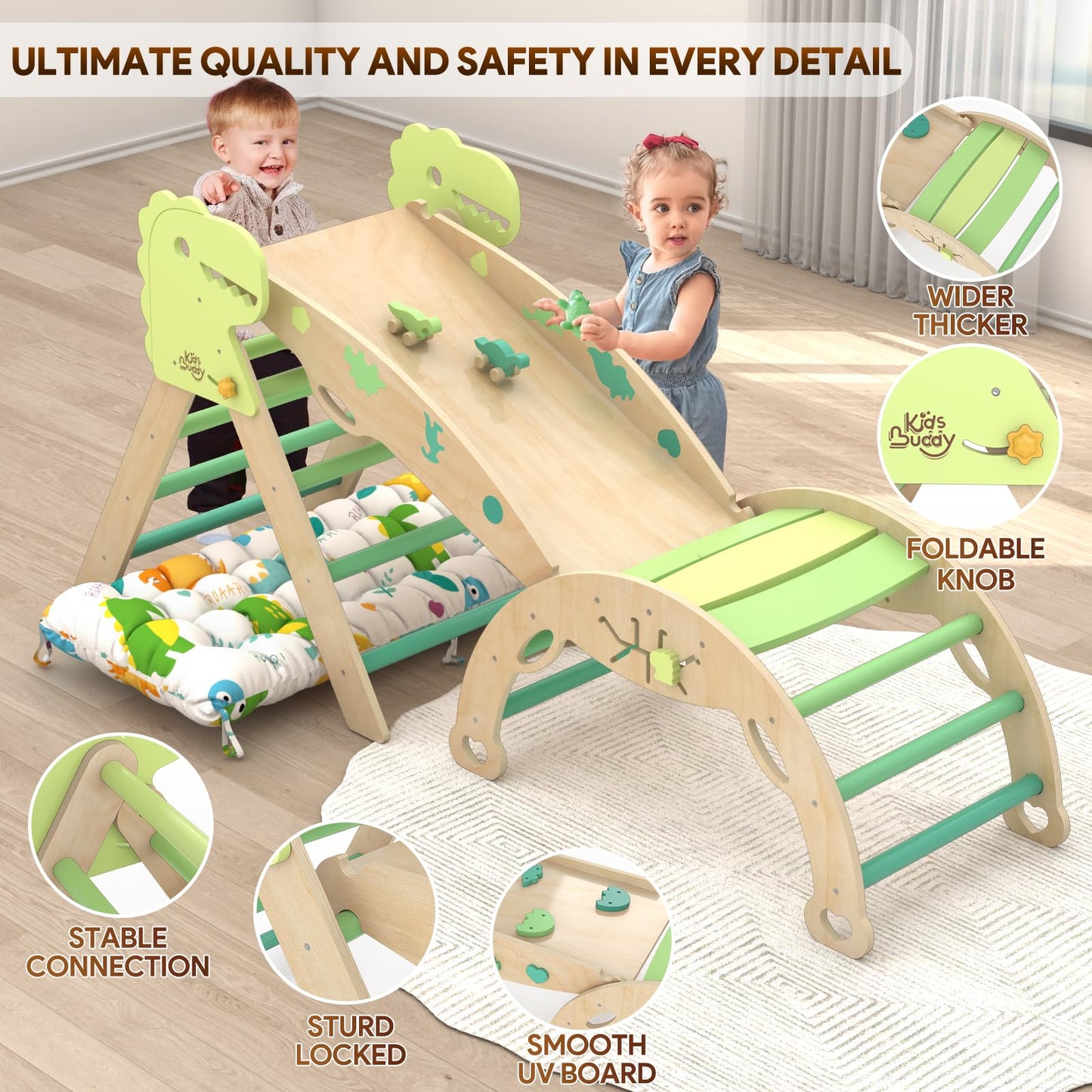 KidsBuddy Pikler Triangle Set with Cushion 9 in 1 Climbing Toys for Toddlers 1-3 Indoor Baby Climbing Gym Toddler Montessori Toys Wooden Climbing Toys with Maze Toys, Shape Sorting Toys, Dinosaur Car