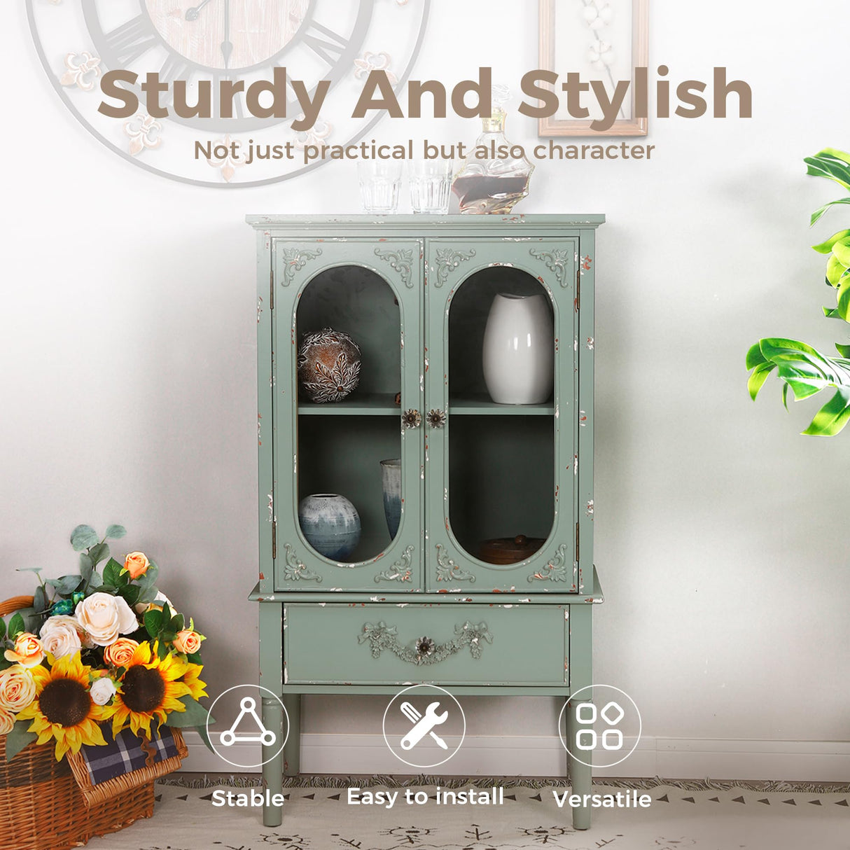 MAISON ARTS 42" Tall Accent Cabinet with 2 Glass Doors & 1 Drawer, Modern Farmhouse Kitchen Buffet Cabinets with Storage Living Room Entryway Cabinet Solid Wood Legs, Mint Green MAISON ARTS