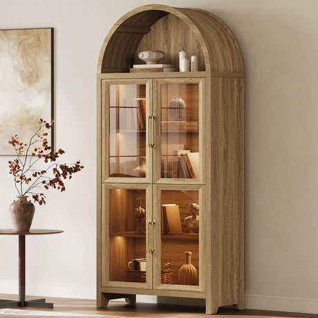 SICOTAS 74" Display Cabinet with Glass Doors - Modern 5-Tier Arched Bookcase with Rechargeable 3-Color LED Lights & Motion Sensor, Large Pantry Cabinet for Kitchen, Living Room, Home Office, Brown Oak SICOTAS