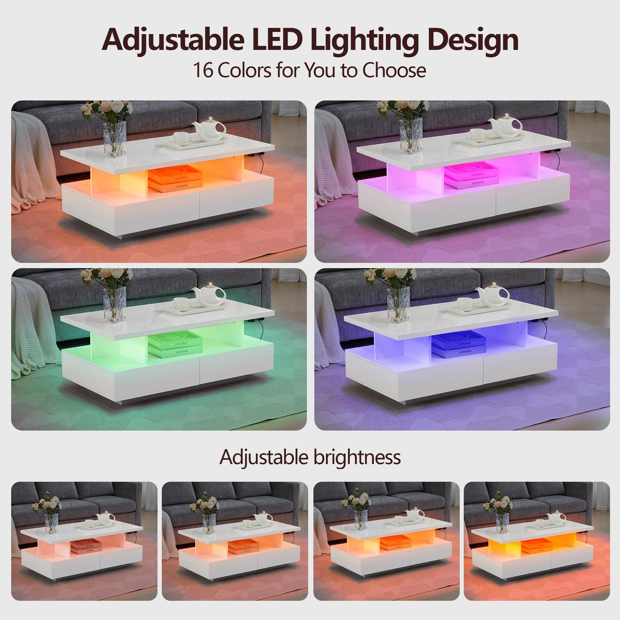 Tltaroni LED Coffee Table, Modern High Glossy Coffee Table with 4 Drawers and Open Display Shelf Wood Rectangle Center Tables with Storage for Living Room, White Tltaroni