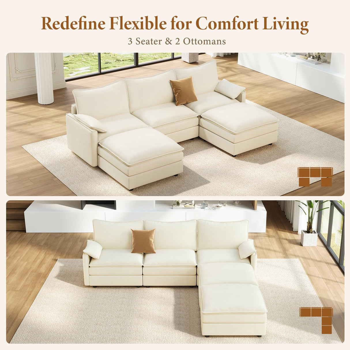 Vesgantti 108" U Shaped Sectional Couch, Comfy Cloud Modular Sectional Sofa with 2 Ottoman Deep Seat Chenille Modern Cloud Sofa, Modular Sofas for Living Room, Bedroom and Apartment, Beige Vesgantti