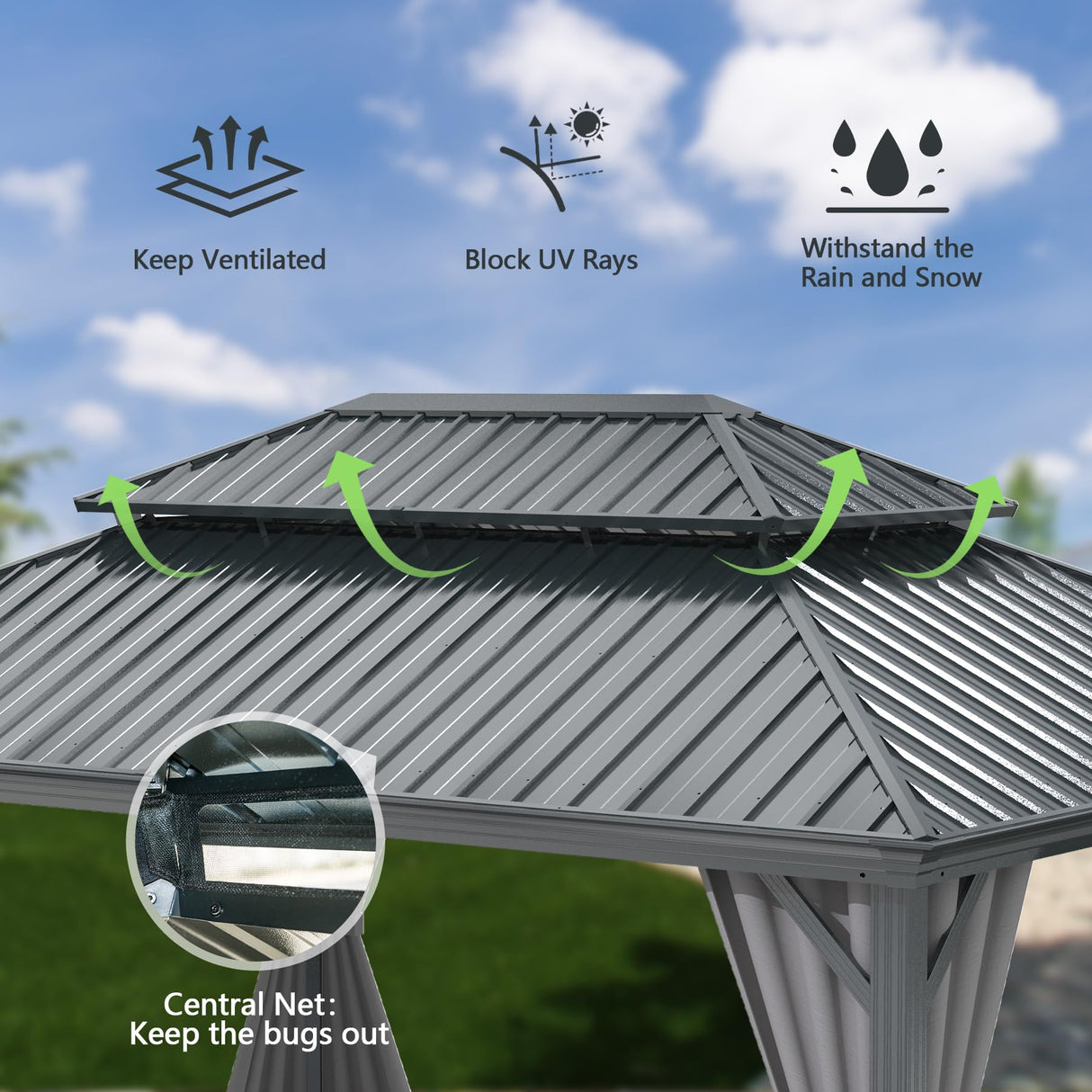 Domi 10x12FT Outdoor Gazebo, Hardtop Gazebo with Galvanized Steel Double Roof, Metal Gazebos with Drainage System Patio Pergola for Patio Deck Backyard,Curtain and Netting,Gray domi outdoor living