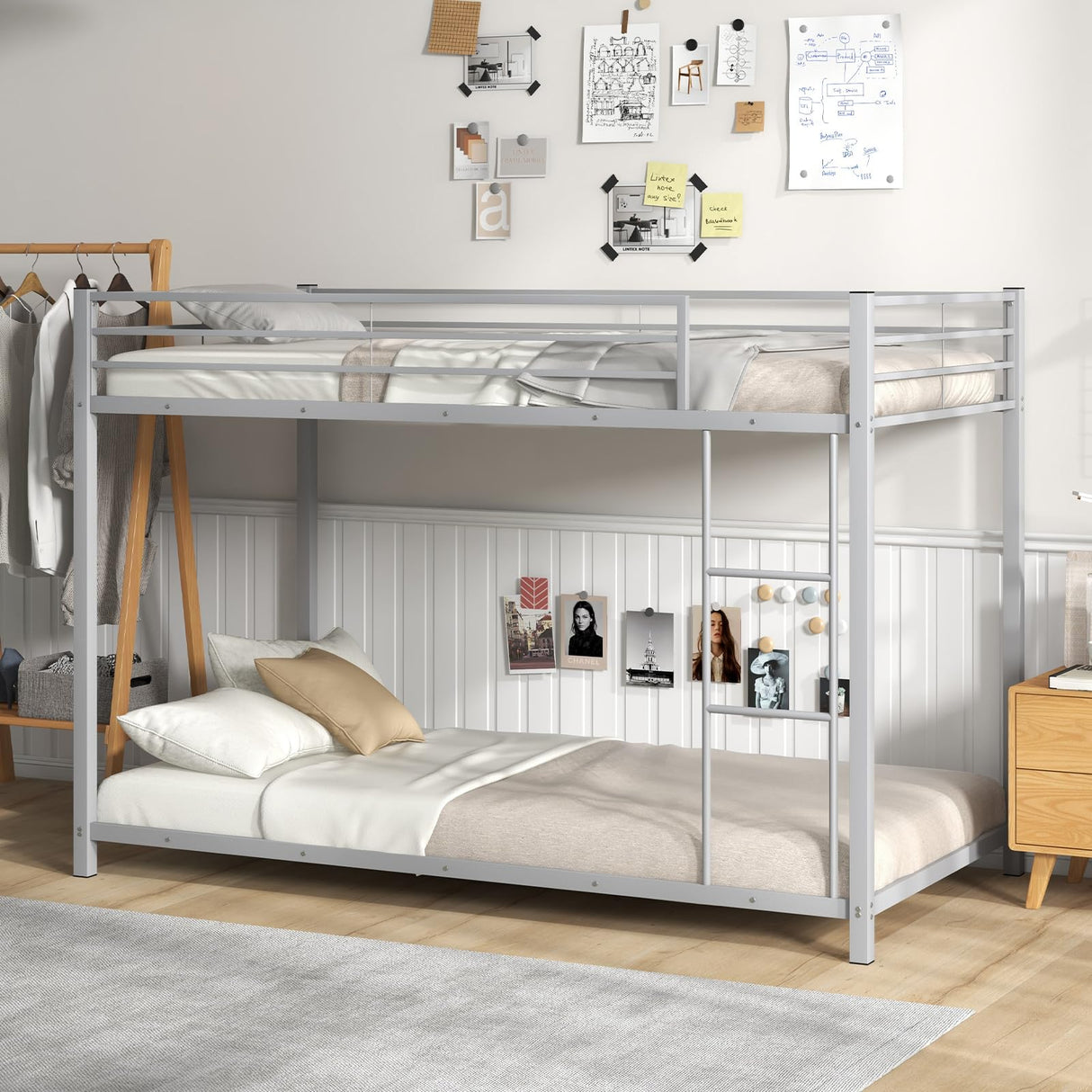 KOMFOTT Metal Low Bunk Bed Twin Over Twin, Heavy Duty Bunk Bed Frame with Ladder & Full-Length Guardrails, Metal Slatted Floor Bed Frame for Teens & Adults, No Box Spring Needed KOMFOTT