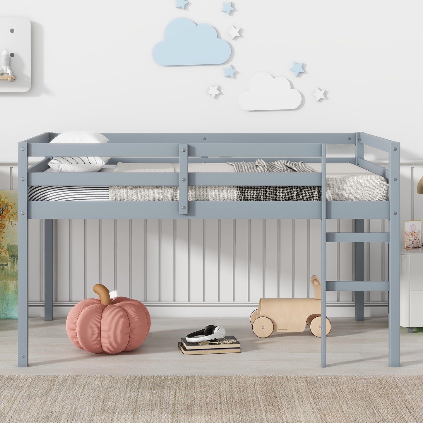 UOCFYK Twin Size Low Loft Bed for Kids, Solid Wooden Low Loft Bed Frame with Ladder and Guardrail for Small Room & Low Ceiling Bedrrom, No Box Spring Required, Slat Support, Grey