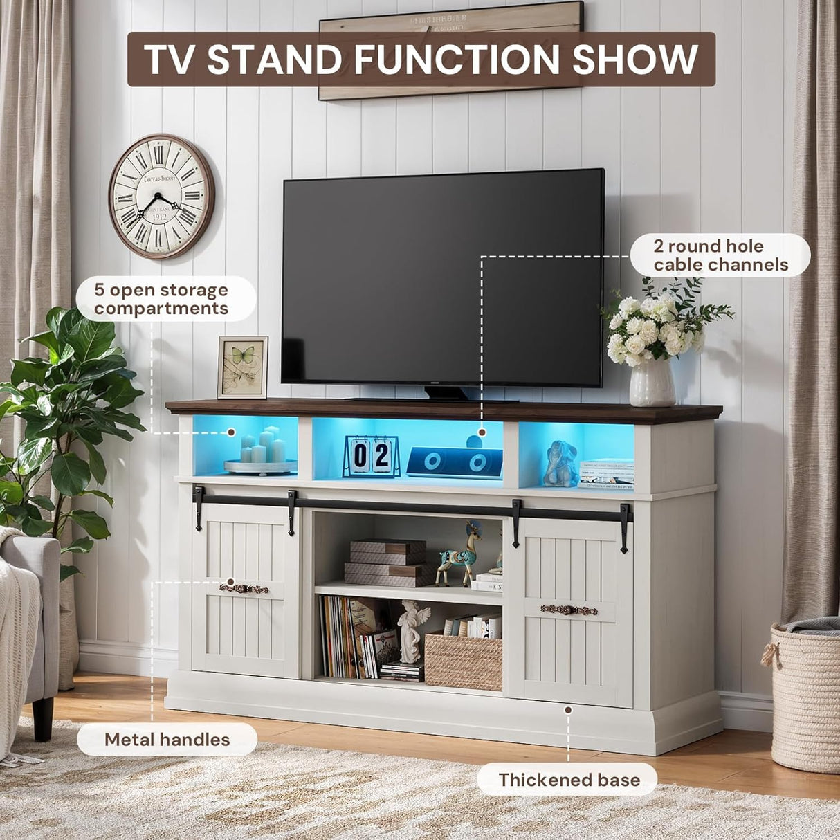 Farmhouse TV Stand for 75 Inch TV, 32" Tall Entertainment Center with LED Light, Sliding Barn Doors TV Stand Rustic Media Console with Storage Cabinets and Adjustable Shelves for Living Room, White PinkMuse