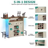 YITAHOME Home Bar Unit with LED Lights ＆ Drawer, Farmhouse Bar Cabinet with Glasses Holder and Wine Storage, Wine Bar Cabinet Set Mini Bar with Footrest for Living Room, Off White+Walnut Grain YITAHOME