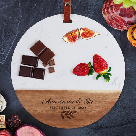 GAM Premium Personalized Cutting Board Wedding Gift for Couple - Custom Cutting Board Marble Wood Engraved Round 12" - New Home Gift, Wedding Gift, Generic