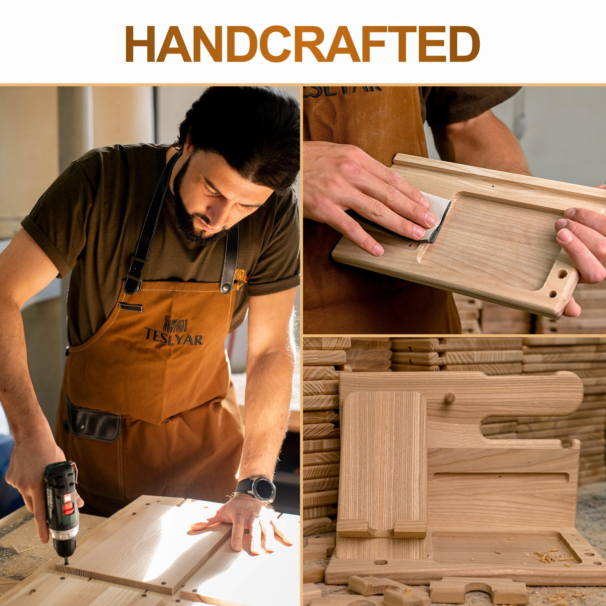 TESLYAR Wood Phone Docking Station for Men - Desk or Nightstand Organizer - Birthday Gifts for Husband or Dad - Anniversary Idea from Wife - Key Holder - Stand Wallet, Watch & Essentials (Nut Brown) TESLYAR