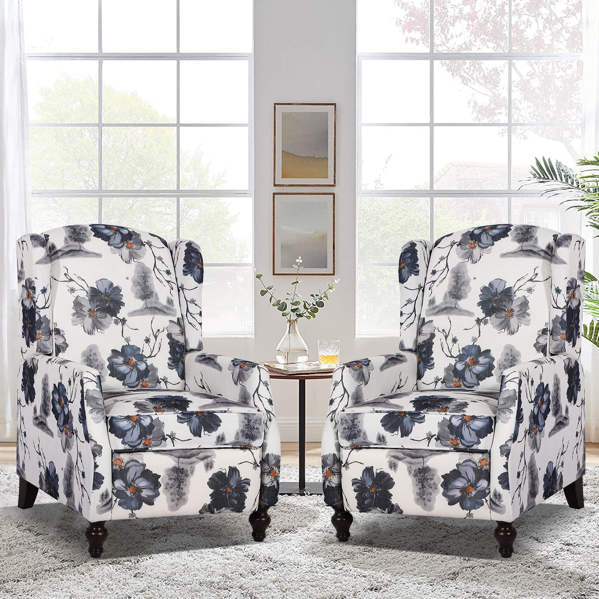 B BAIJIAWEI Wingback Recliner Chair - Tufted Arm Chair Recliner - Fabric Push Back Single Sofa for Living Room Adjustable Backrest (Pair, Blue Floral) B BAIJIAWEI